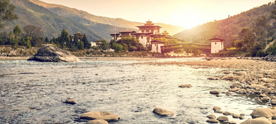 Sonnenuntergang, Punakha Dzong, Bhutan Rundreise