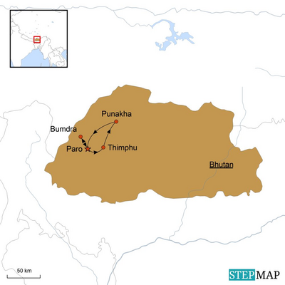 Bhutan Reise, Karte, Reiseverlauf, Aktiv und Intensiv