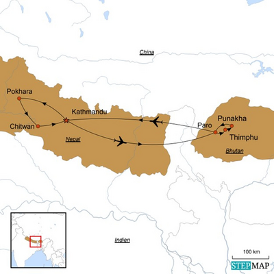 Karte mit Reiseverlauf - Bhutan und Nepalreise